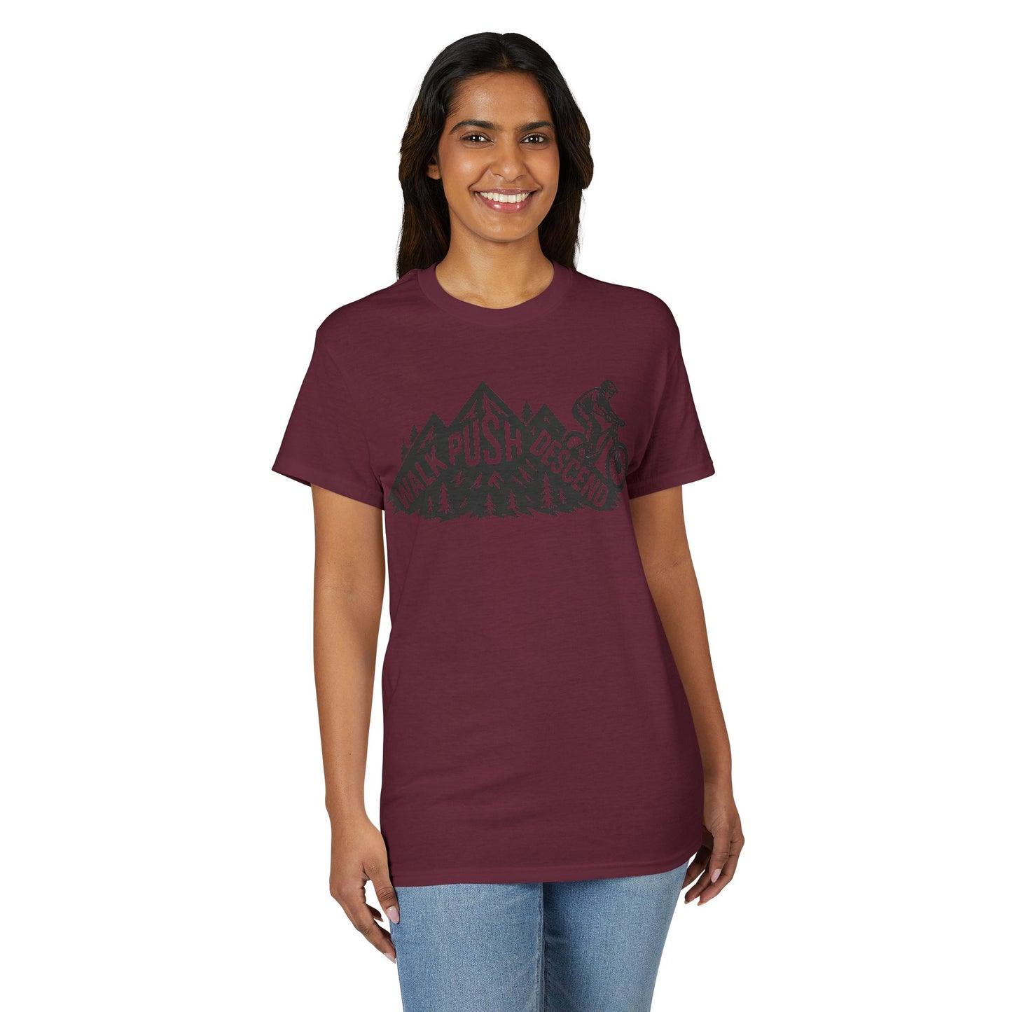 Mountain Biking T-Shirt — "Walk Push Descend" Adventure Bike Tee