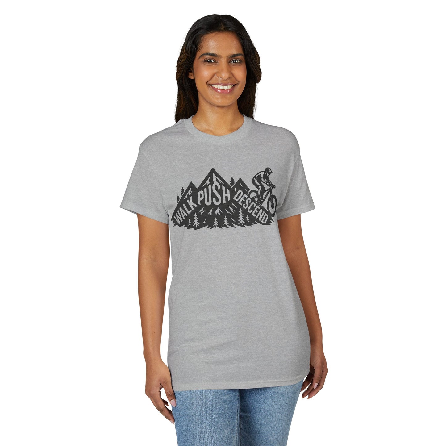 Mountain Biking T-Shirt — "Walk Push Descend" Adventure Bike Tee